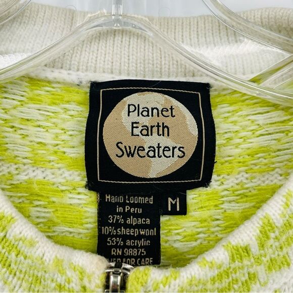 Planet Earth Full Zip Wool Fair Isle Cardigan Sweater In Green/White Size M - Picture 6 of 6